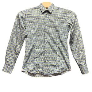 Coton Doux Mens Geometric Print Button Down Shirt Blue Yellow French 39 15.5 M